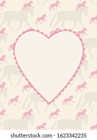 Valentine Day greeting card or poster. Cute rose, beige colors, heart, horses for wedding invitation design. Hand drawn elements and romantic lettering.