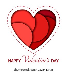 Valentine day greeting card. Red heart shape in paper cut style. Vector illustration isolated on white background.