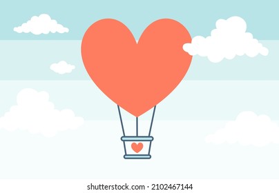 Valentine Day greeting card with red heart shape hot air balloon. Vector illustration.