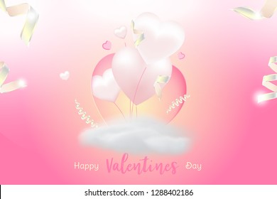 Valentine Day greeting card template. Celebration concept with Pink hearts and light effects on background with ribbons and clouds