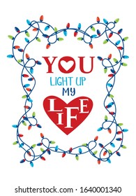 Valentine day greeting card template. Decorative lights flat color vector design element. Love inspired quote lettering background for party. Romantic sentimental phrase graphic cartoon illustration