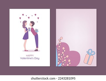 Plantillas de tarjetas de felicitación de San Valentín para personas LGBTQ. Ilustración vectorial de mano de pareja lesbiana intercambiando regalos.