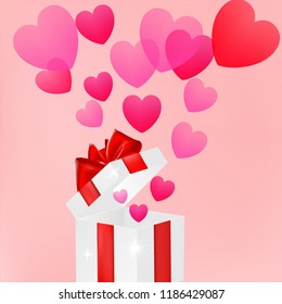 Valentine day greeting card with transparent beautiful flying heart and opened gift box isolated on pink background. Love, romantic symbols for Christmas, 8th March, etc. Vector illustration.