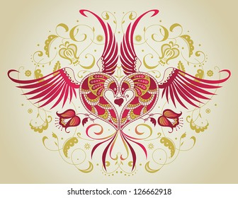valentine day greeting card with two birds and flowers