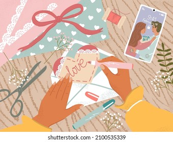 Valentine day greeting card vector illustration. Woman writes a love letter or valentines. Girl hands, envelope, letter with heart. 14 february holiday poster. Mobile phone with romantic happy couple