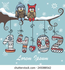 Valentine day greeting card.Cute cartoon owl couple sitting on branch Knitted figures hanging on the ropes.Funny doodles design template.For design template.Love Vector