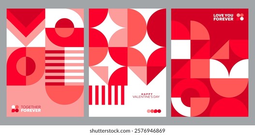 Valentine day greeting cards or flyers with geometric shapes, vector backgrounds. Valentine day love holiday posters of abstract pink geometric shapes and red mosaic figures with love quote phrases