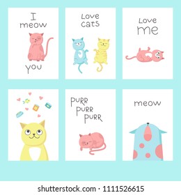 Valentine day greeting cards with happy romantic love cats, lettering calligraphy text. Vector hand drawn illustration.