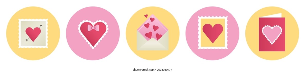 Valentine Day greeting cards and lovely romantic letter flat style vector icon set. Bright colorful symbols of love. Valentine day postal mail stuff. Post stamps, square greeting card, flying hearts.