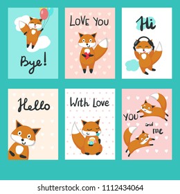 Valentine day greeting cards. Vector template set with cute foxes in love, hearts, flowers, balloons, handwritten text.