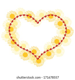 Valentine day greeting frame with red beads the form of heart decorated chamomile flowers