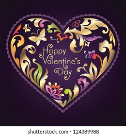 Valentine day greeting heart with color and golden floral ornate pattern