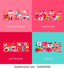 Valentine Day Greeting Set. Flat Design Vector Illustration. Collection of Love Holiday Posters.