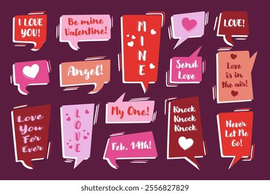 Valentine day greeting stickers, rectangular text boxes and speech bubbles, bold frames with text. Comic vintage vector design elements.