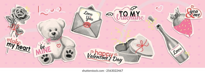 valentine day halftone collage, set of vintage torn out paper icons. love mood of y2k