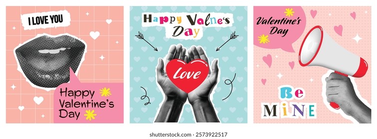 Valentine day Halftone torn out collage elements set with groovy heart shapes, eyes, hands, mouth. Gift, love letter, megaphone, lollipop. Trendy vintage collage vector illustration