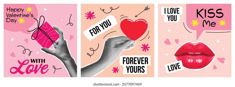 Valentine day Halftone torn out collage elements set with groovy heart shapes, hands, mouth. Gift, love letter, megaphone, lollipop. Trendy vintage collage vector illustration