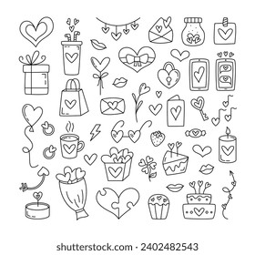 Valentine Day Hand Drawn Doodle Set. Love Holiday Cute Clipart for Valentines Day. Editable Stroke Line Art Design Elements. Different Hearts, Presents, Bouquet, Cake, Lips, Beverage, Balloon Outline.