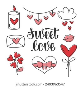 Valentine Day Hand Drawn Doodles with Vector Lettering Sweet Love. Design Elements and Clipart for Valentines Day. Cute Illustration of Candle, Garland with Hearts, Heart Lollipop, Lips, Letter.