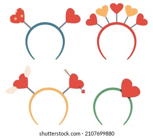 Valentine day headbands for party vector cartoon set isolated on a white background.