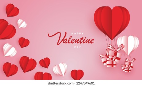 Día de San Valentín con globo de corazón y regalo. Estilo de corte de papel.