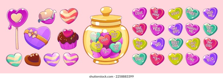 El corazón de San Valentín y los dulces de conversación en forma de símbolo de amor. Novias adorables en frascos de vidrio, quequitos de chocolate, langostinos, caramelos y caja de regalo, ilustración vectorial