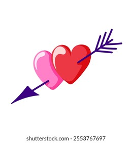 Valentine day heart with Cupid arrow in cartoon style. Happy holiday greeting design. Isolated on white background.