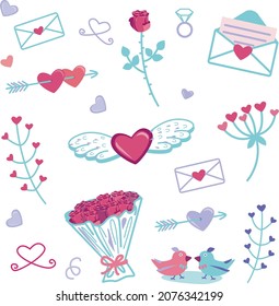 Valentine day. Heart, letter, wings, birds and flowers. Wedding ring. Love set. 