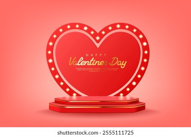 Valentine day heart podium stand. 3d vector platform for romantic events, greeting cards, and holiday promotions. Festive red heart shaped display celebrating Valentines Day with elegant lighting