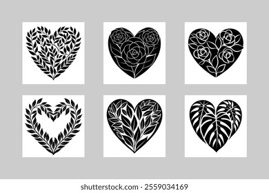 Valentine day Heart shape with Leaves vector silhouette collection.