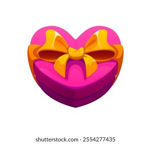 Valentine day heart shaped gift box with golden bow symbol of love, affection and holiday celebration. Isolated cartoon vector pink present pack adorned with striking gold ribbon for romantic occasion