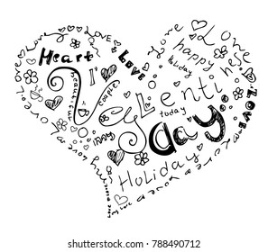 Valentine day heart from symbol. Included happy valentines day and love with holiday words. Black and white hand drawing vector illustration .