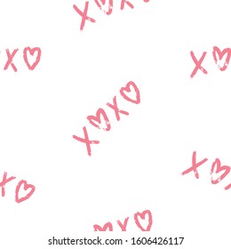 Valentine Day Heart and watercolor lettering xoxo in pink over light background. Vector minimalistic illustration