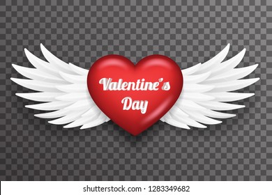 Valentine day heart white bird angel fly wings realistic 3d design transparent background vector illustration