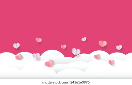 valentine day, hearts and clouds in the sky , paper art style