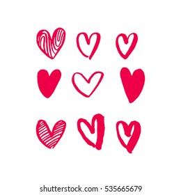 Valentine Day hearts pattern. Vector isolated heart valentines art for 14 February love celebration. Marker or felt-tip pen sketch drawing. Romantic red pink symbols set. Greeting card design element