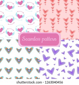 Valentine Day Hearts seamless Patterns Set. Romantic background