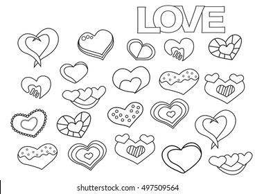 Valentine Day Hearts Set. Coloring Book Page Template.  Outline Doodle Vector Illustration. 