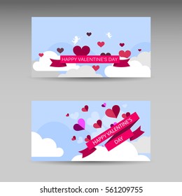 Valentine day hearts at the sky. Abstract vector horizontal banner.