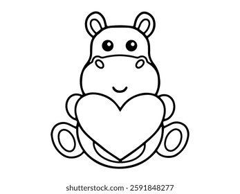 Valentine Day Hippo Holding Heart Line Art