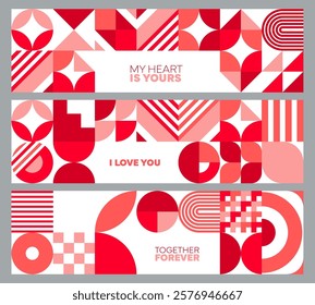 Valentine day holiday banners with abstract geometric shapes, vector greeting cards. Valentine day, wedding or marriage love patterns of abstract pink shapes and red geometric figures with love quotes