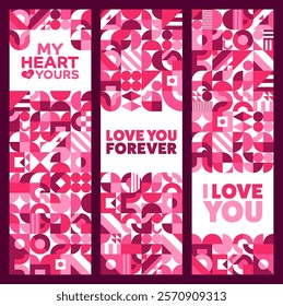 Valentine day holiday banners with geometric shapes and love quotes, vector pink red hearts. Valentine day greeting quotes of I love You Forever and My Heart Is Yours on abstract geometric love shapes