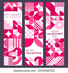 Valentine Day holiday banners with geometric shapes and figures pattern. Be my Valentine vector greeting cards with abstract composition of pink circles, lines, triangles and squares geometric shapes