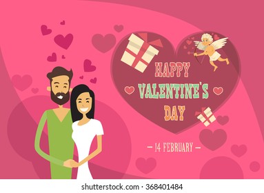 Valentine Day Holiday Couple Embrace Love Heart Shape Greeting Card Flat Vector Illustration