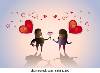 Valentine Day Holiday Couple Embrace Love Heart Shape Greeting Card Flat Vector Illustration