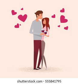 Valentine Day Holiday Couple Present Love Heart Shape Greeting Card Flat Vector Illustration