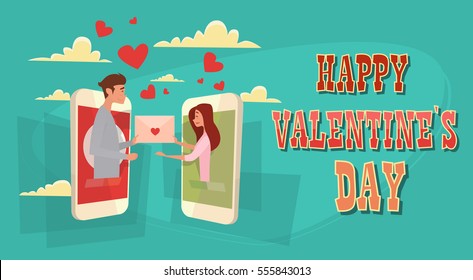 Pareja de vacaciones de San Valentín Mensaje de red social Comunicación de mensaje de amor Forma de corazón de saludo Vector plano Ilustración