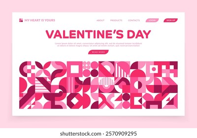 Valentine day holiday landing page template with geometric shapes, vector web background. Valentine day love holiday landing page or website template with menu buttons and user login webpage layout