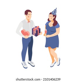 Valentine day holiday party with plus size woman holding glass of wine and man with presents isolated isometric vector illustration