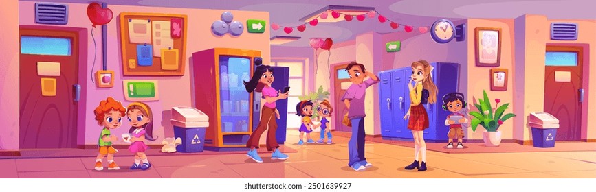 Valentine day holiday in school - education building hall interior decorated with heart flags and balloons, happy smiling children give each other card and invite for walk. Cartoon vector illustration